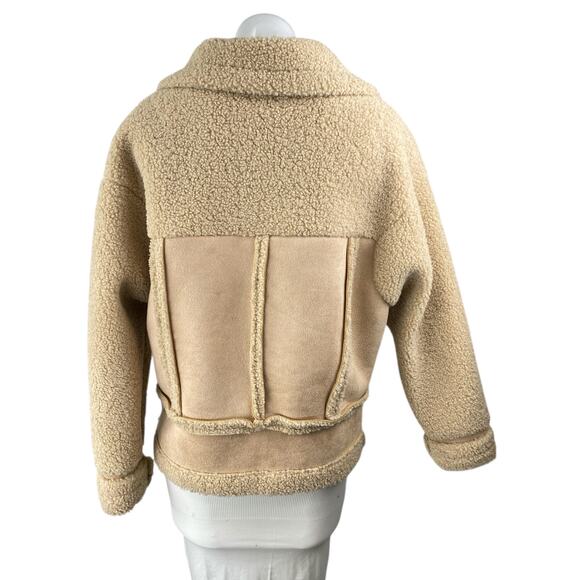 Princess Polly Women's Beige Tan Sherpa Faux Suede Teddy Moto Coat Jacket Size S - Picture 2 of 5